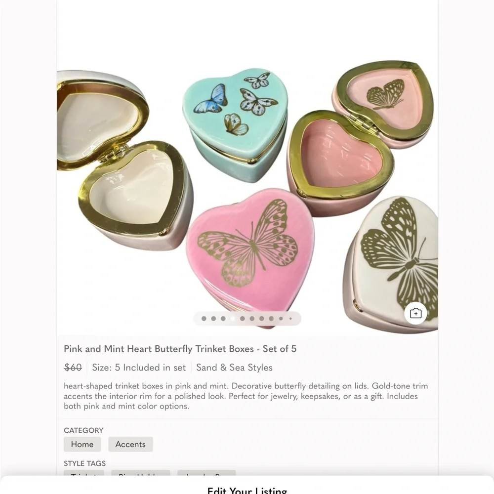 Heart Butterfly Trinket Boxes Set of 5 Pink Mint Gold Decor